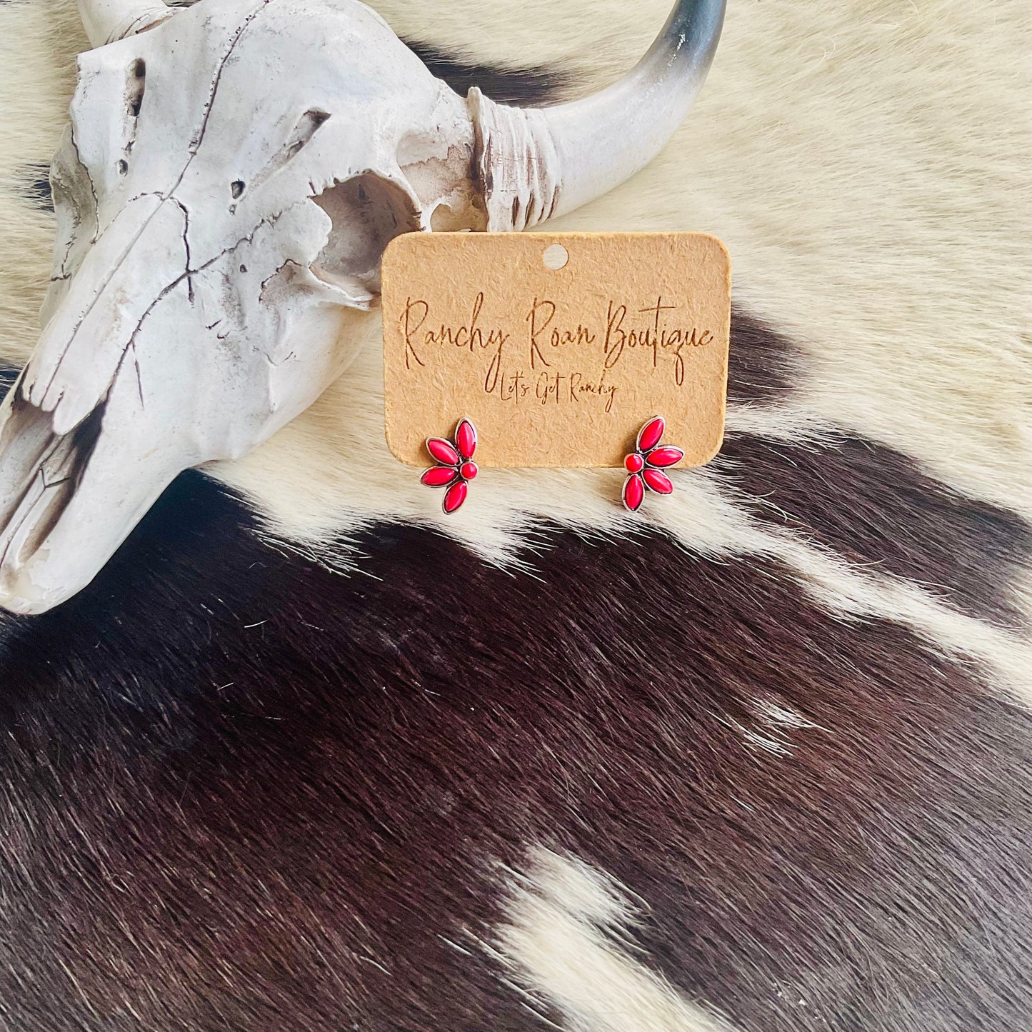 Western Flower Stud Earrings, Red Stone Floral Earrings