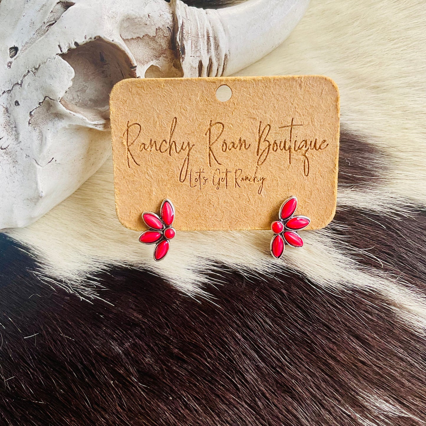 Western Flower Stud Earrings, Red Stone Floral Earrings