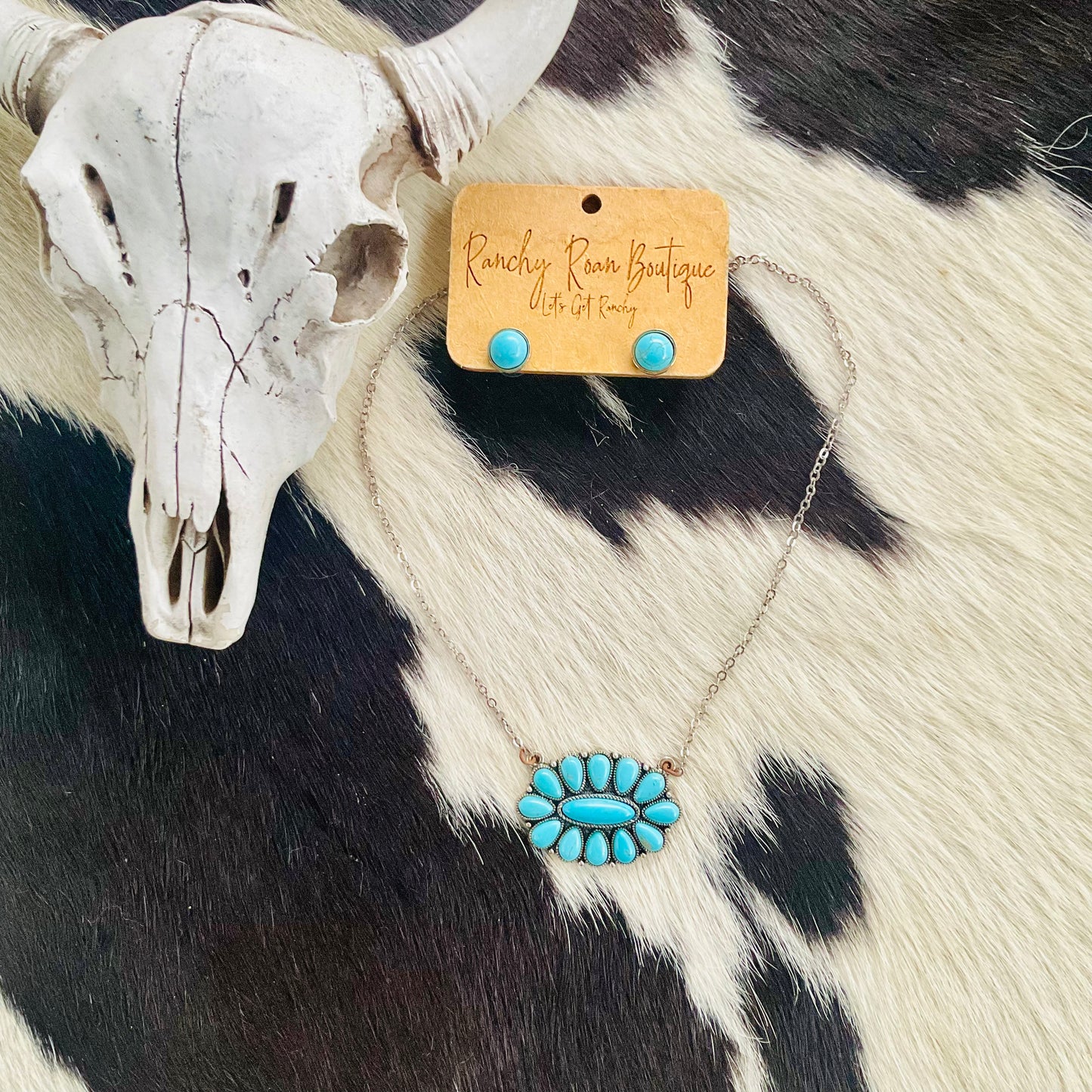 Western Turquoise Concho Necklace & Stud Earring Set