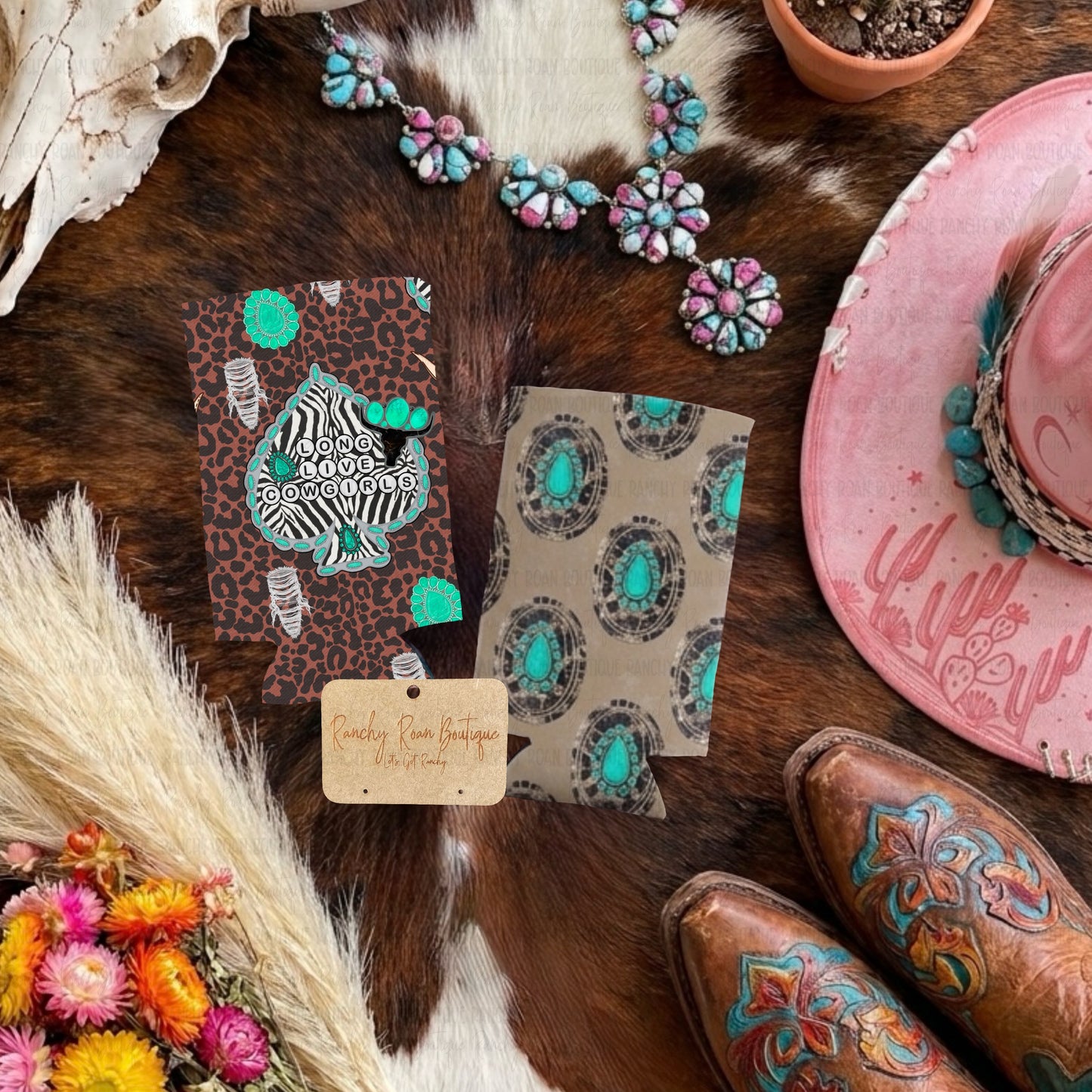 Long Live Cowgirls and Leopard Concho Western Koozie