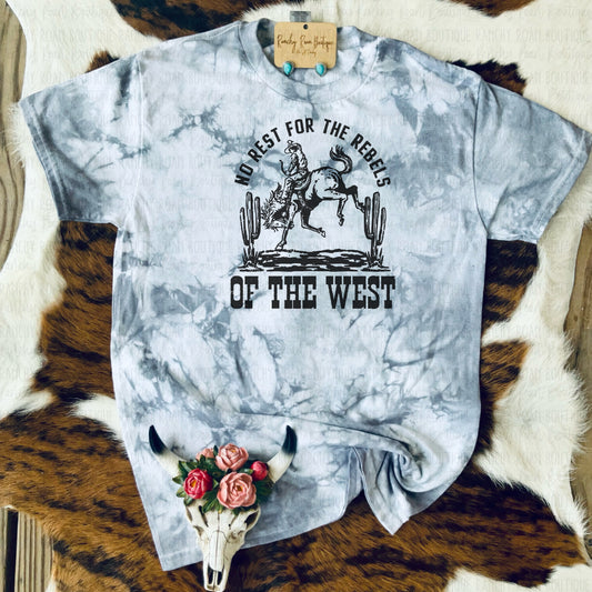 No Rest For The Rebels Western Dyed  T-shirt - Ranchy Roan Boutique 