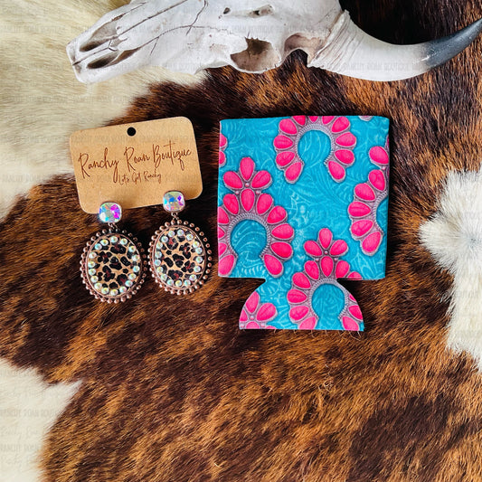 Pink Squash Blossom Tooled Western Print Koozie