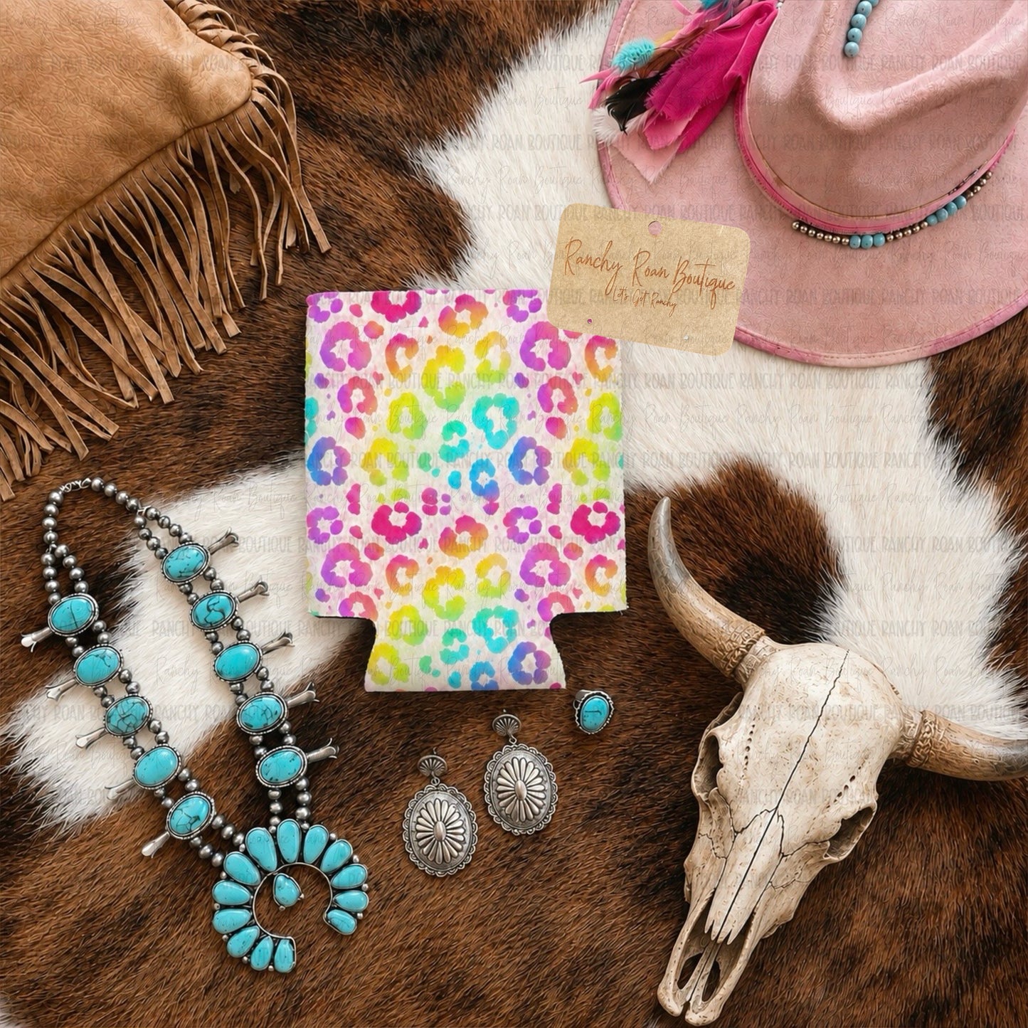 Neon Leopard Western Can Cooler Koozie