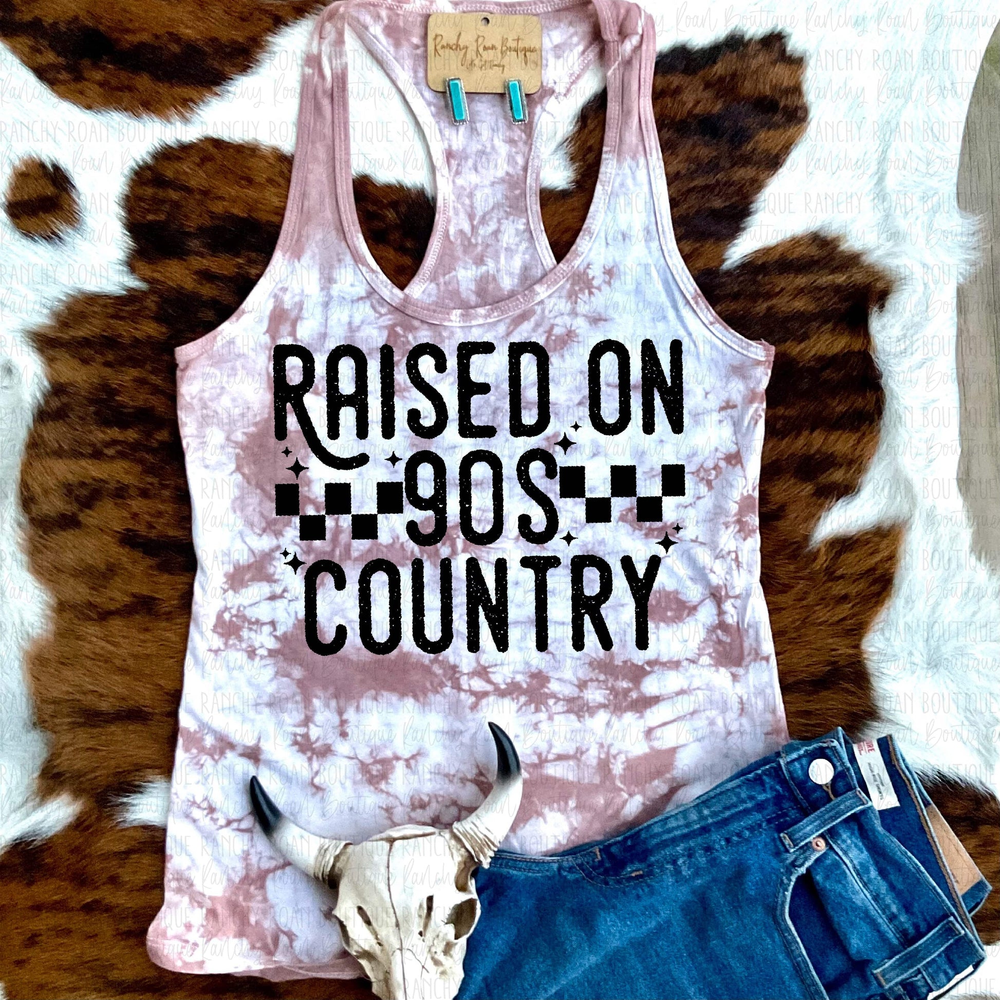 Raised On 90s Country Western Racerback Tank Top - Ranchy Roan Boutique 