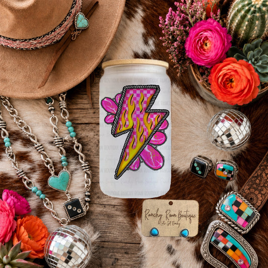Lightning Bolt Pink Western Graphic Frosted Glass Tumbler