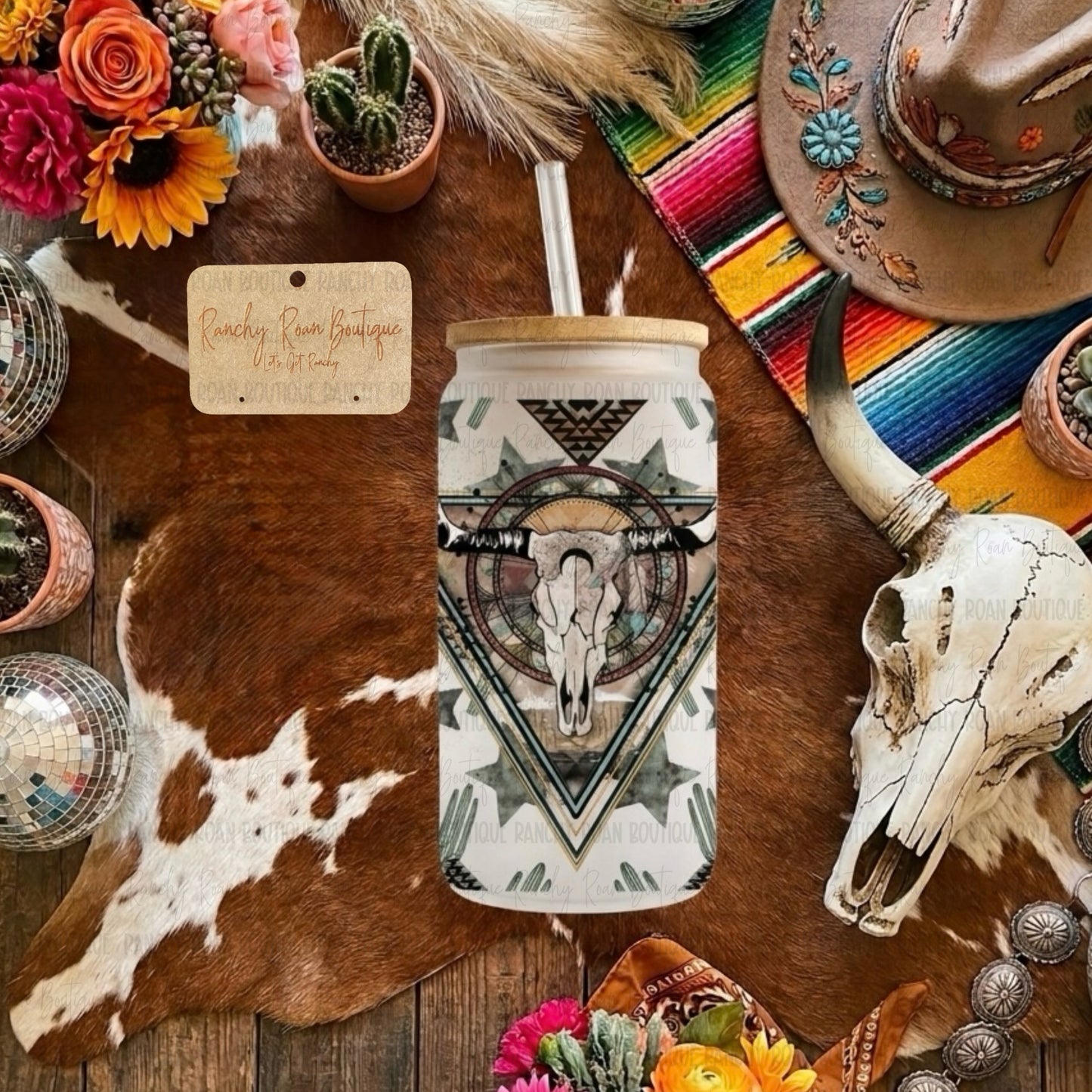 Western Longhorn Skull Graphic Frosted Glass Tumbler