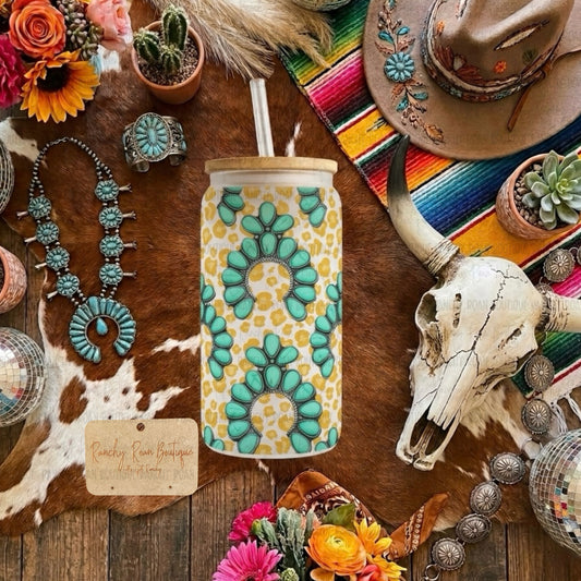 Turquoise Squash Blossom Leopard Graphic Frosted Glass Tumbler