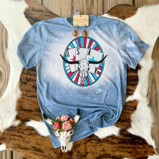 U.S.A Western Bull Skull Retro Tee - Ranchy Roan Boutique 