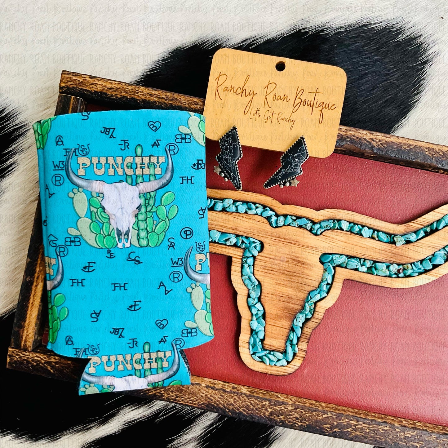 Punchy Cactus Cattle Brand Western Boho Koozie - Ranchy Roan Boutique 