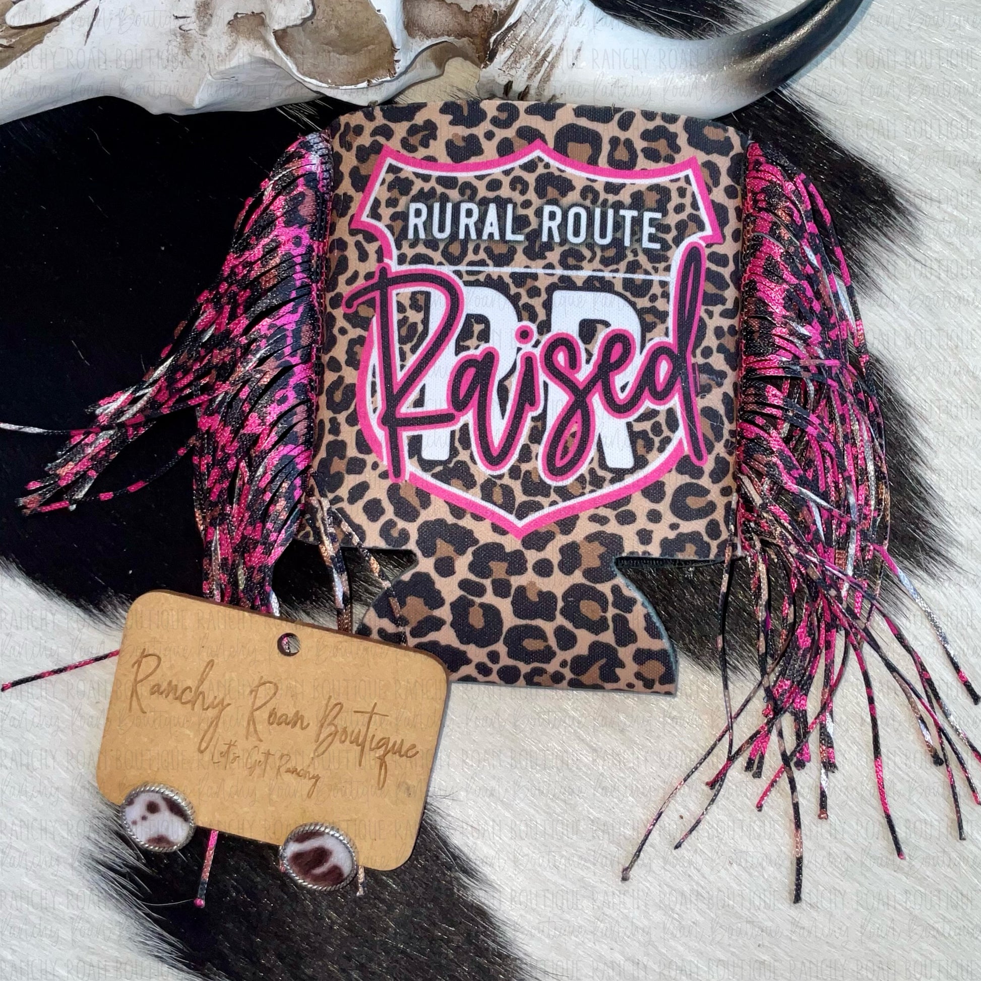 Rural Route Raised Pink Leopard Fringe Western Koozie - Ranchy Roan Boutique 