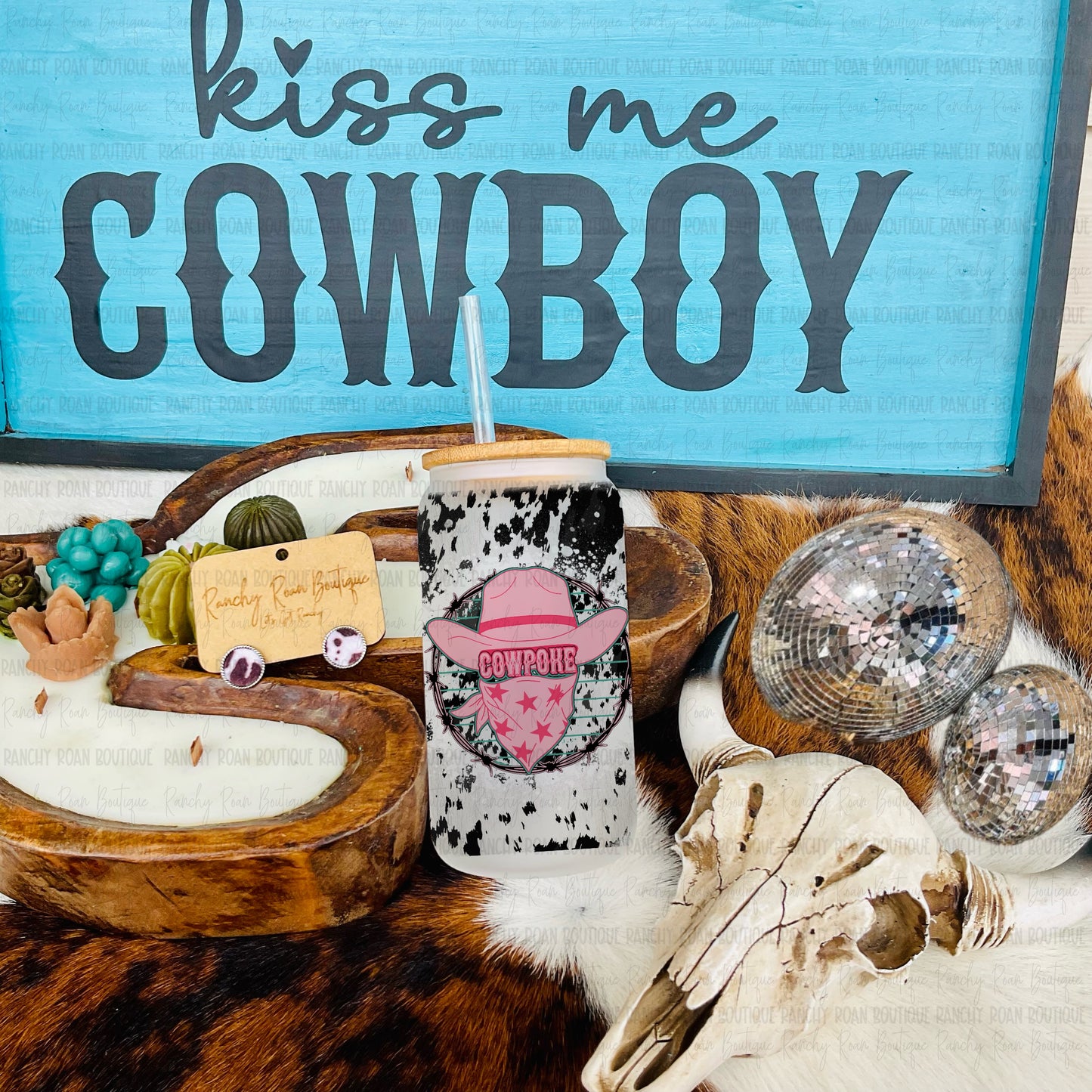 Cowpoke Cow Print Western Glass Tumbler