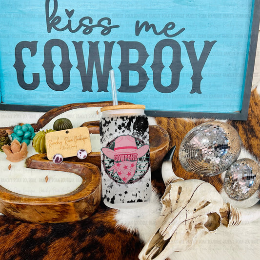 Cowpoke Cow Print Western Glass Tumbler