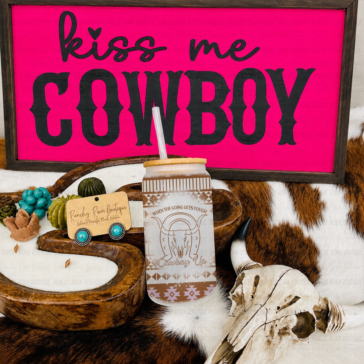Cowboy Up Longhorn Aztec Western Glass Tumbler