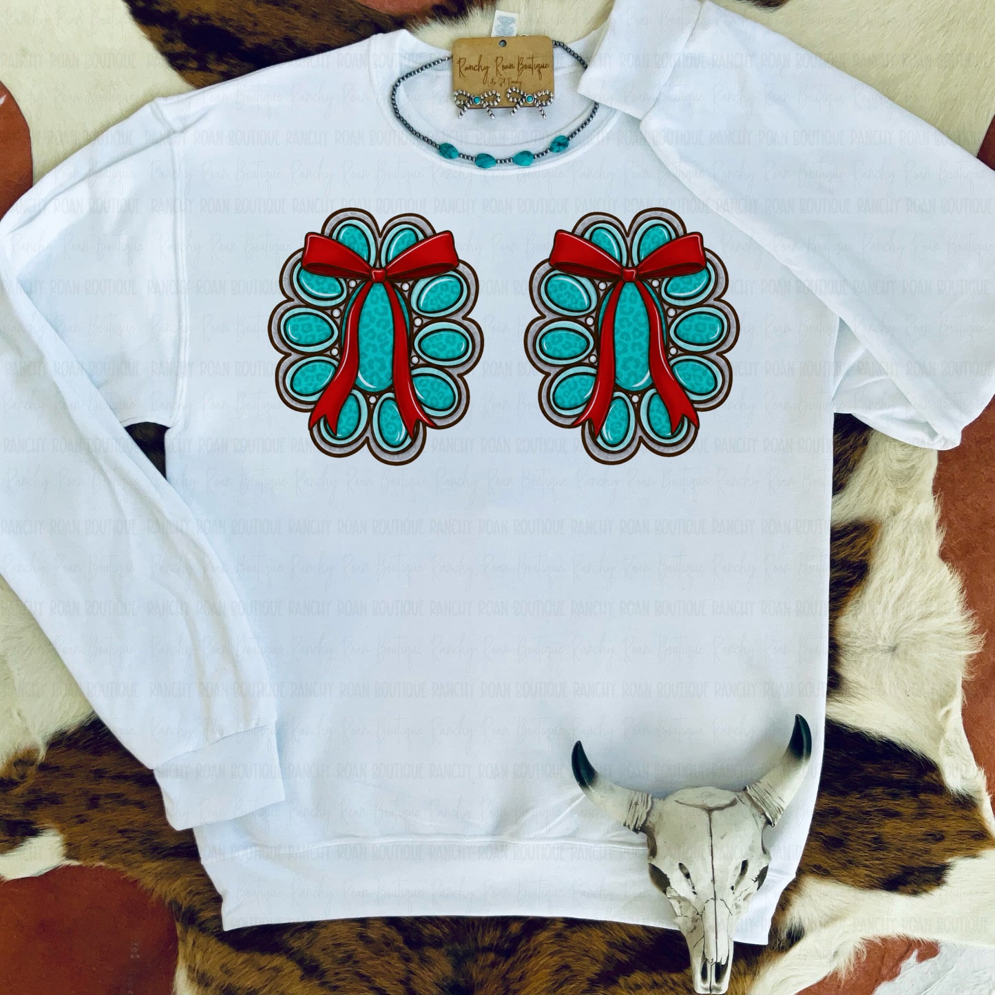 Turquoise Leopard Concho Bow Western Graphic Sweatshirt