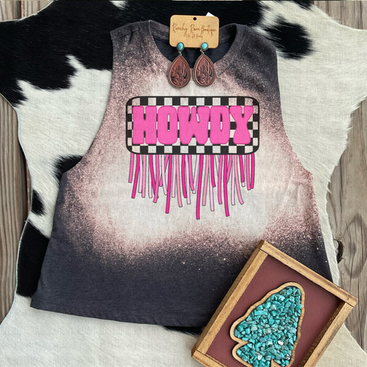 Howdy Checkered Fringe Western  Crop Top - Ranchy Roan Boutique 