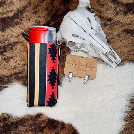Slim can koozie featuring a red, black, and yellow Aztec-inspired Western design, crafted from durable neoprene material.