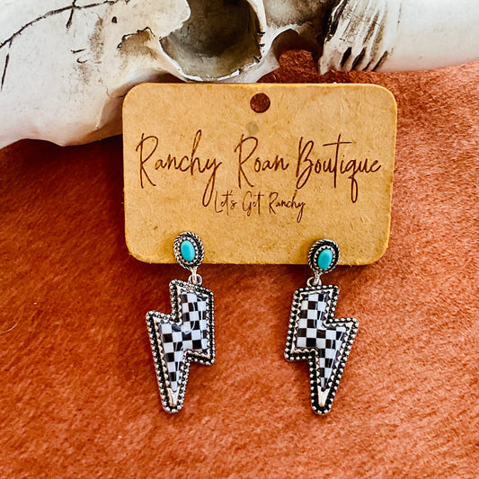 Western Lightning Bolt Checker Earrings with Turquoise Accent - Ranchy Roan Boutique 