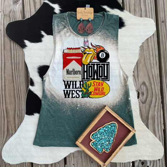 Wild West Collage Muscle Tank featuring Marlboro-inspired graphics, flames, 8-ball, and cactus art on a distressed heather green bleached tank top