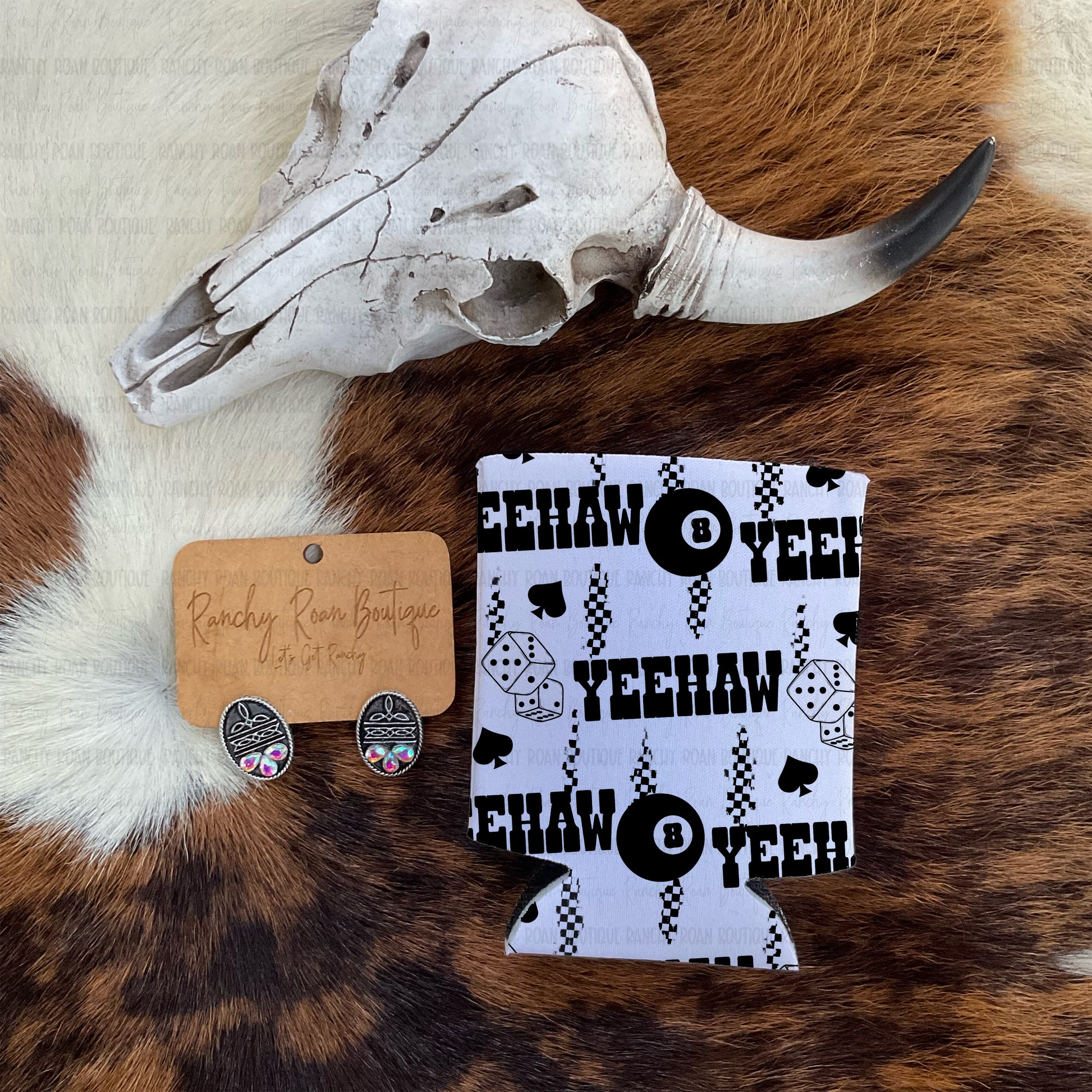 Western Yeehaw patterned koozie for slim cans featuring black 8-ball, dice, spades, and checkered designs