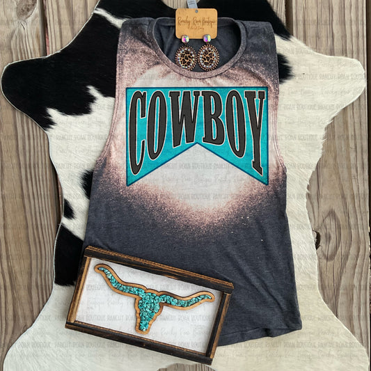 Cowboy Bleached Graphic Tank featuring bold Western varsity-style lettering on a bleached-style unisex tank.
