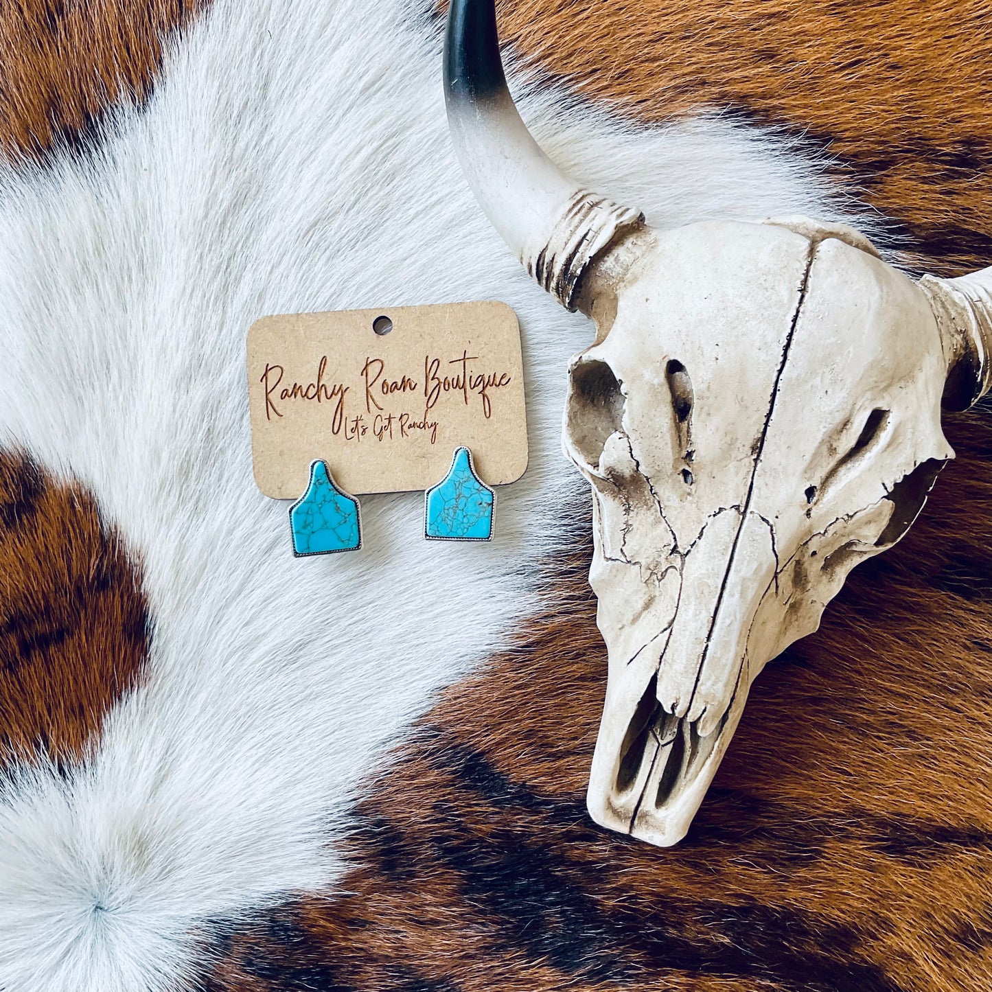 Turquoise Ear Tag Casting Stud Earrings - Ranchy Roan Boutique 