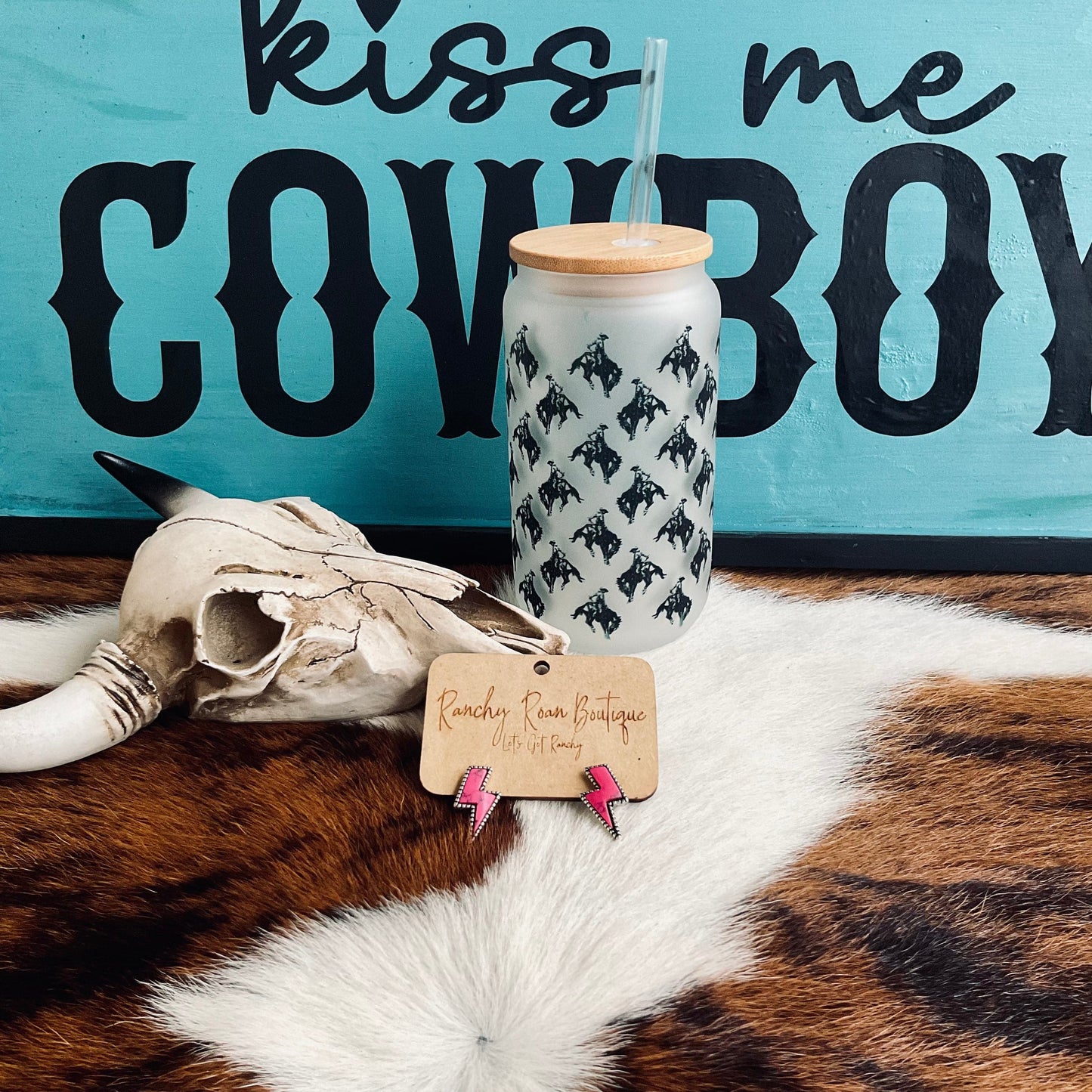 Rodeo Bronc Bucking Frosted Glass 16 oz Western Tumbler - Ranchy Roan Boutique 