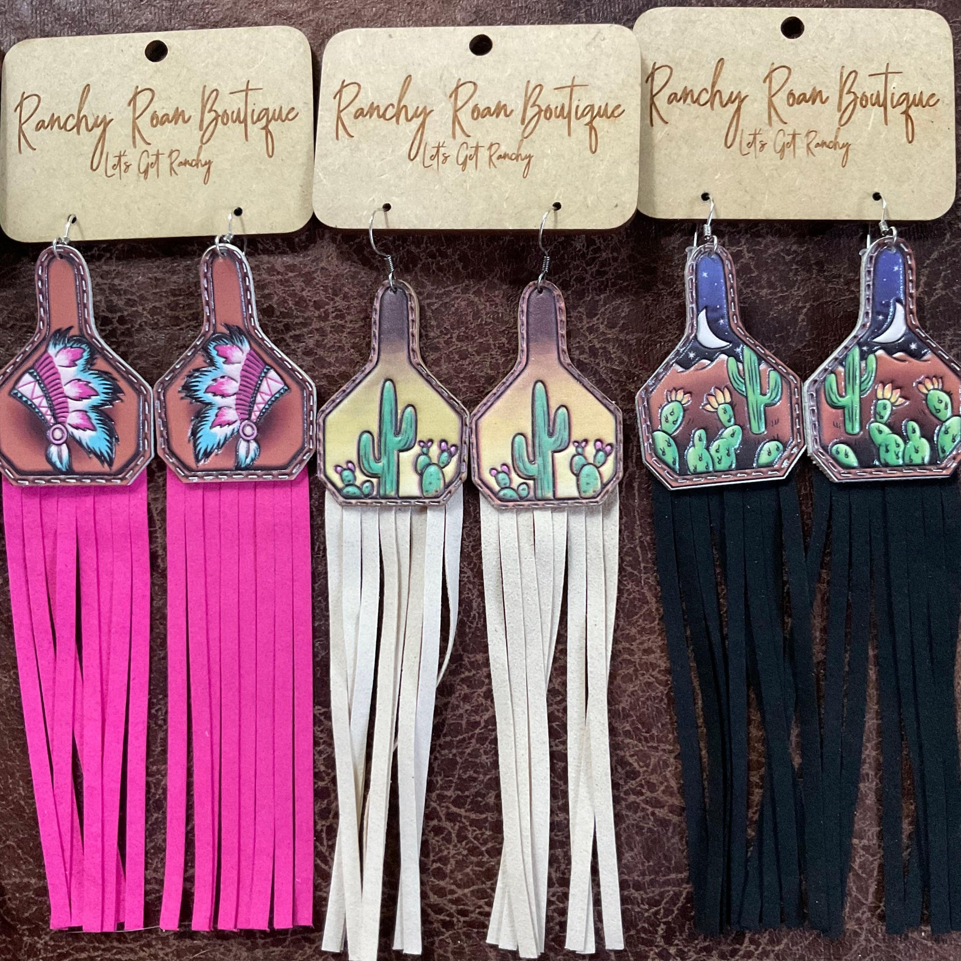 Cactus Leather with Tassel Dangle Cow Tag Earrings - Ranchy Roan Boutique 