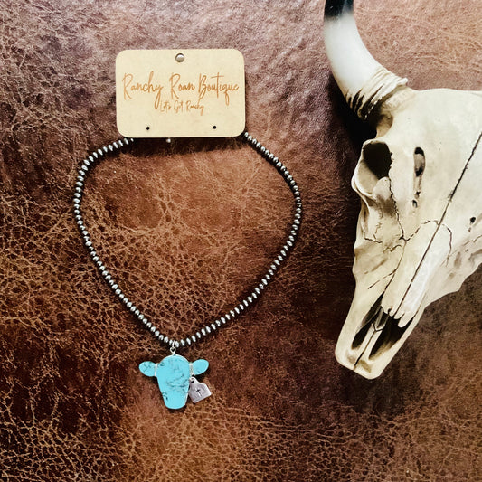 Western Cow Head Turquoise Pendant Necklace - Ranchy Roan Boutique 