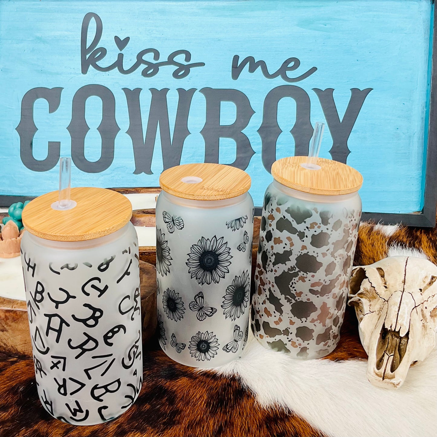 Sunflower and Butterflies Frosted Glass 16 oz Tumbler - Ranchy Roan Boutique 