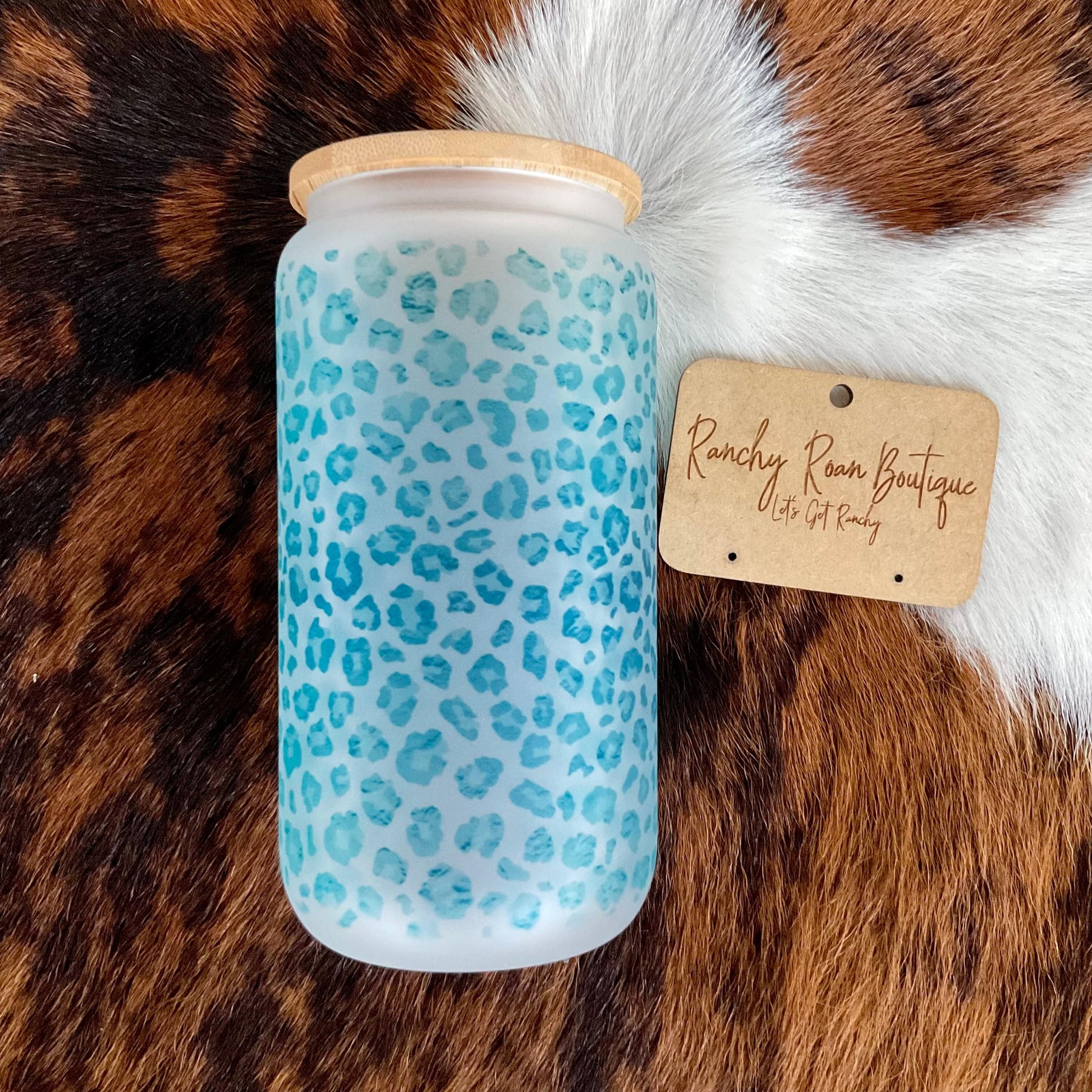 Turquoise Leopard Printed Frosted Glass Western 16 oz Tumbler - Ranchy Roan Boutique 