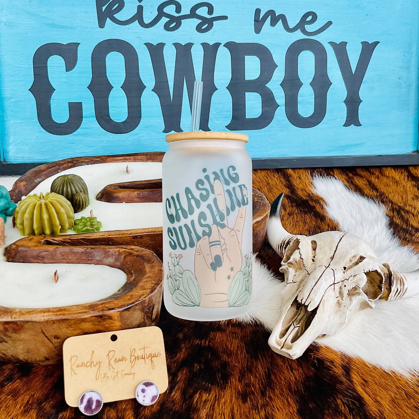 Chasing Sunshine Frosted Glass 16 oz Western Tumbler - Ranchy Roan Boutique 