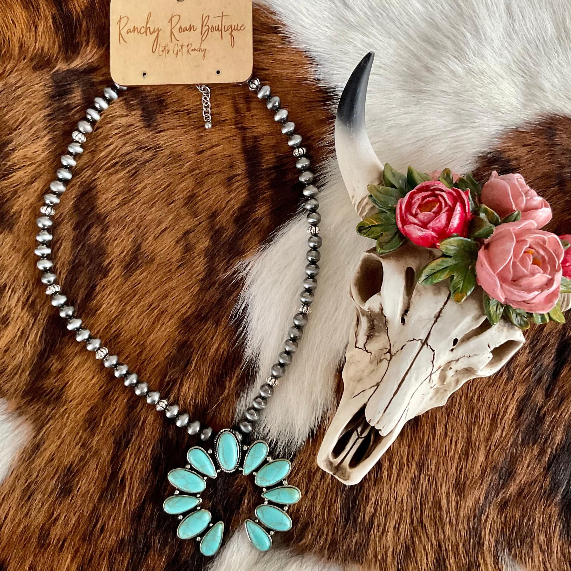 Turquoise Squash Blossom with Navajo Style Beads Necklace - Ranchy Roan Boutique 