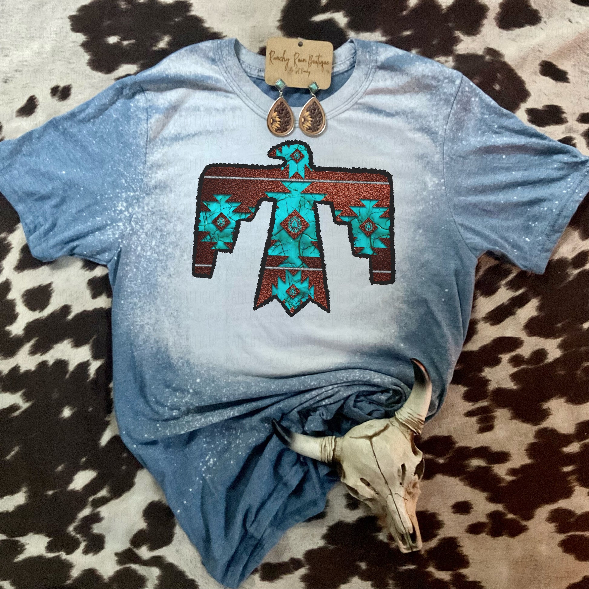 Leather Turquoise Stone Thunderbird Tee - Ranchy Roan Boutique 