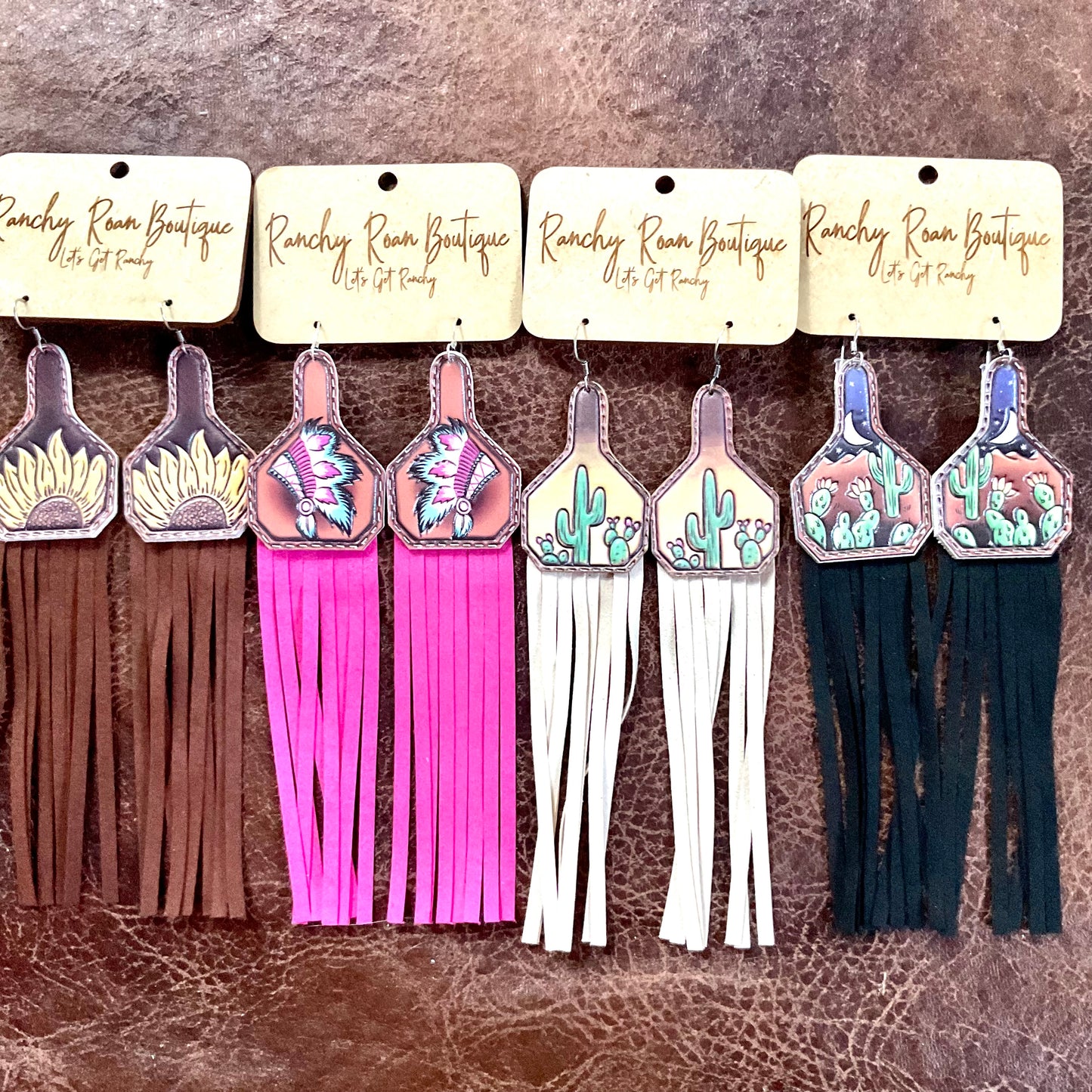 Cactus Leather with Tassel Dangle Cow Tag Earrings - Ranchy Roan Boutique 