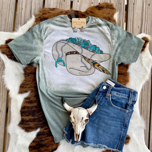 Turquoise Filled Cowboy Hat Tee - Ranchy Roan Boutique 