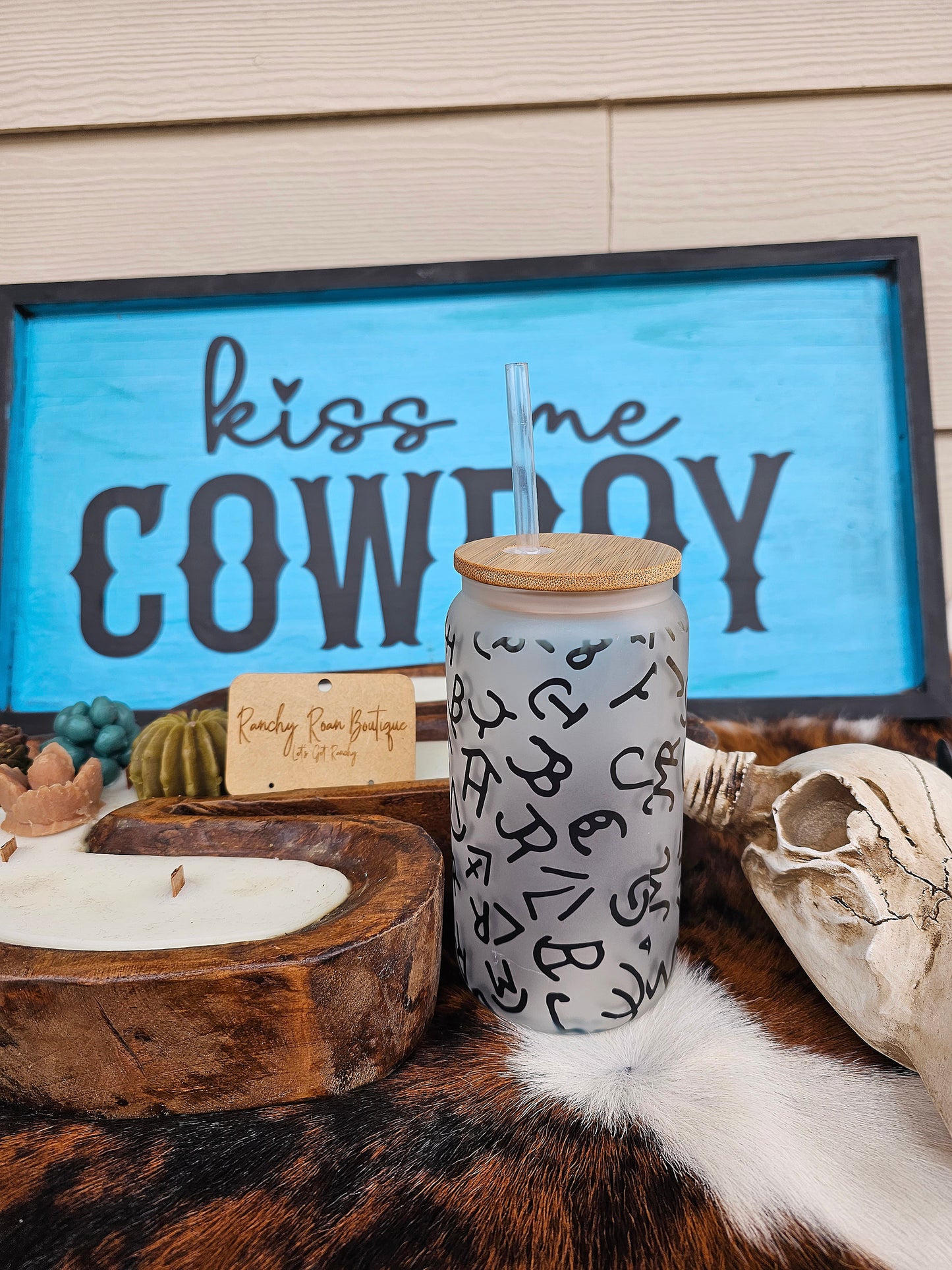 Cattle Brand Frosted Glass Western 16 oz Tumbler - Ranchy Roan Boutique 