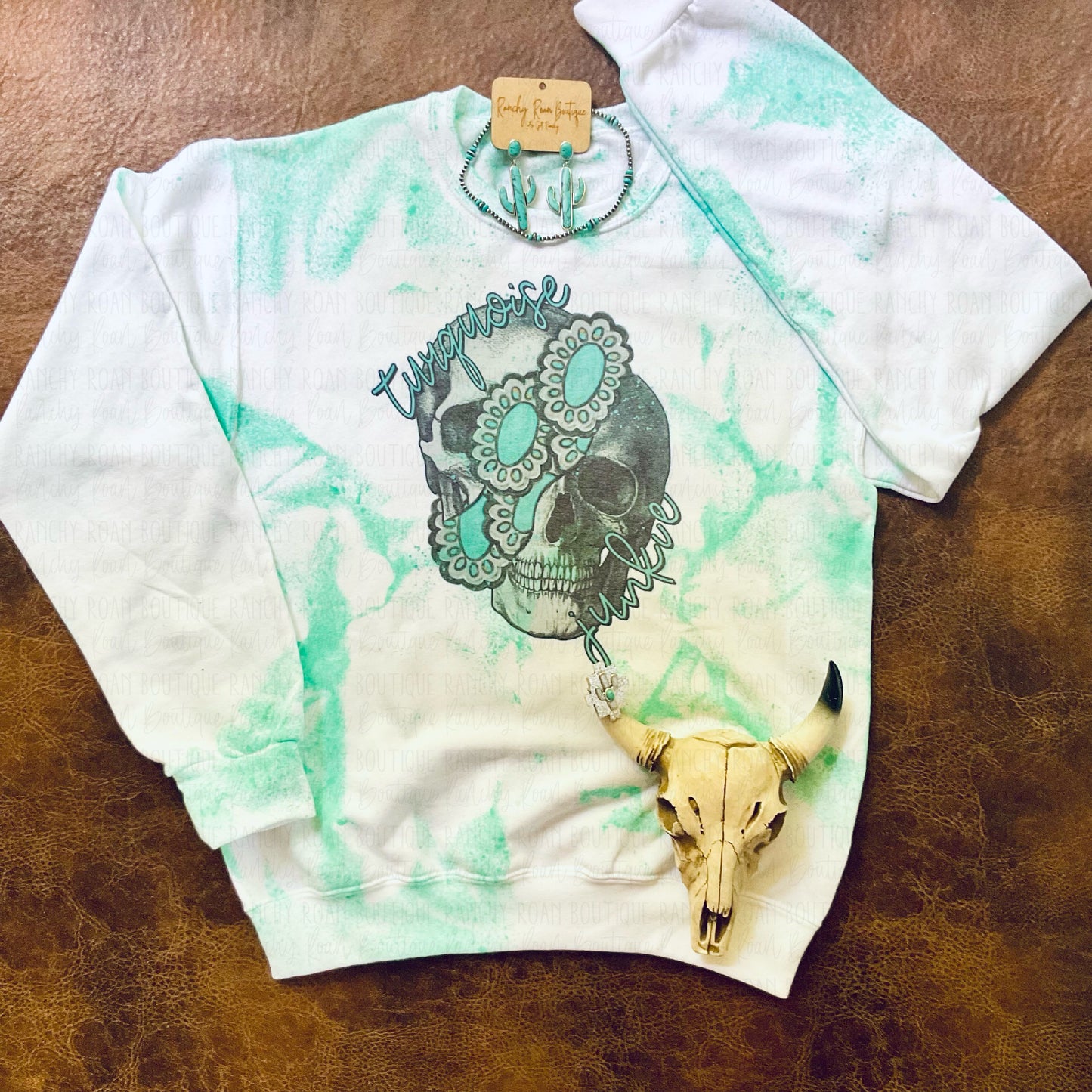 Turquoise Skull Splattered Sweatshirt - Ranchy Roan Boutique 