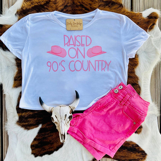 Raised on 90’s Country Pink Boho Western Cropped Tee - Ranchy Roan Boutique 