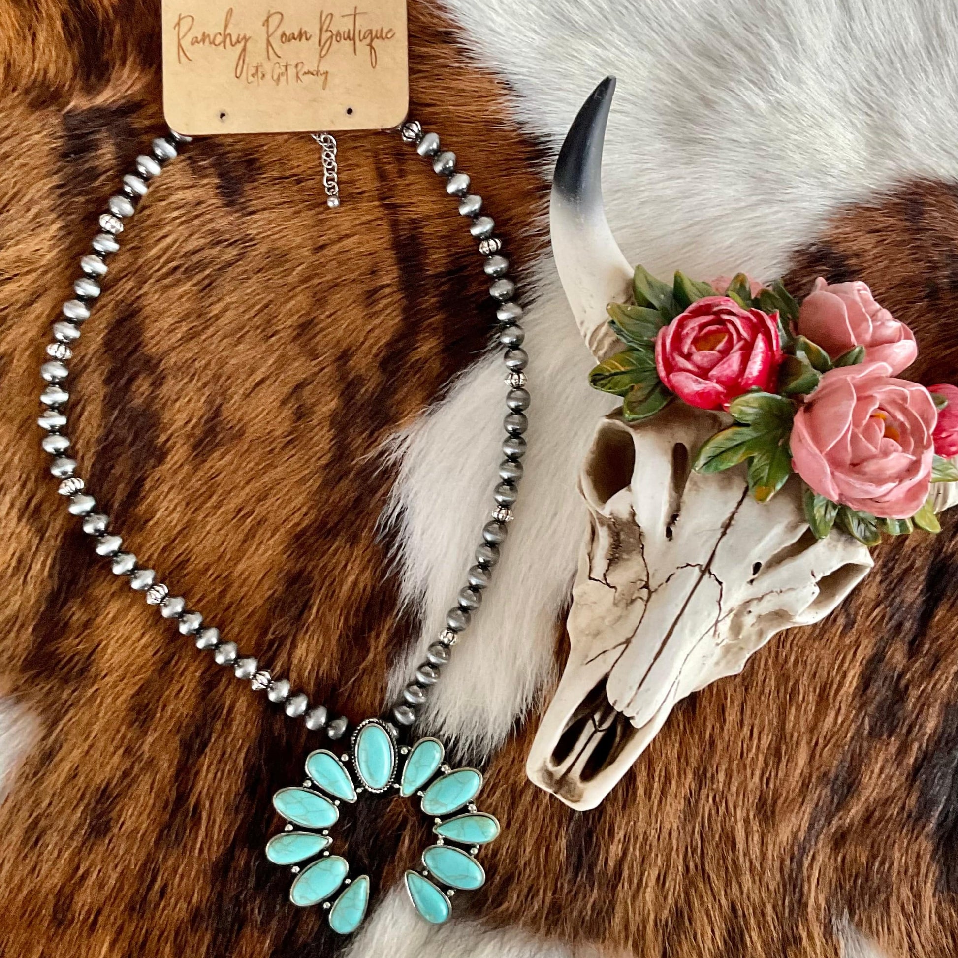 Turquoise Squash Blossom with Navajo Style Beads Necklace - Ranchy Roan Boutique 