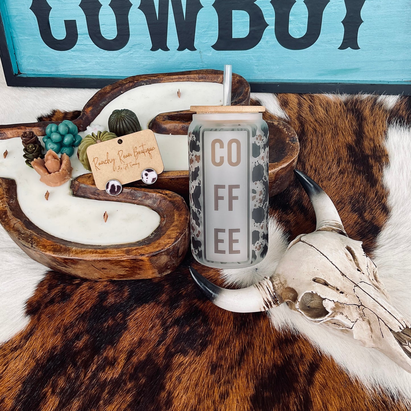 Coffee Cowhide Frosted Glass 16 oz Western Tumbler - Ranchy Roan Boutique 