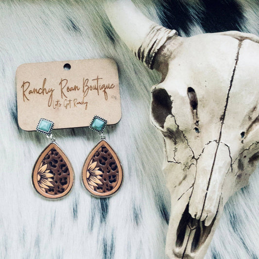 Teardrop Leather Leopard and Flower Stud Earrings - Ranchy Roan Boutique 