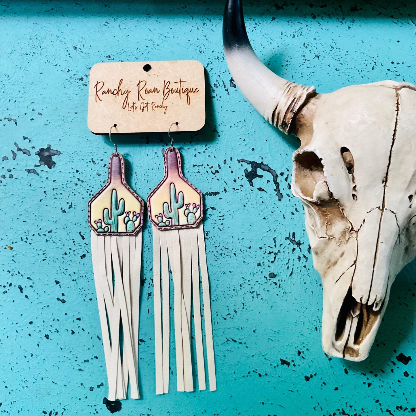 Tan Cactus Cow Tag Leather with Tassel Dangle Earrings - Ranchy Roan Boutique 