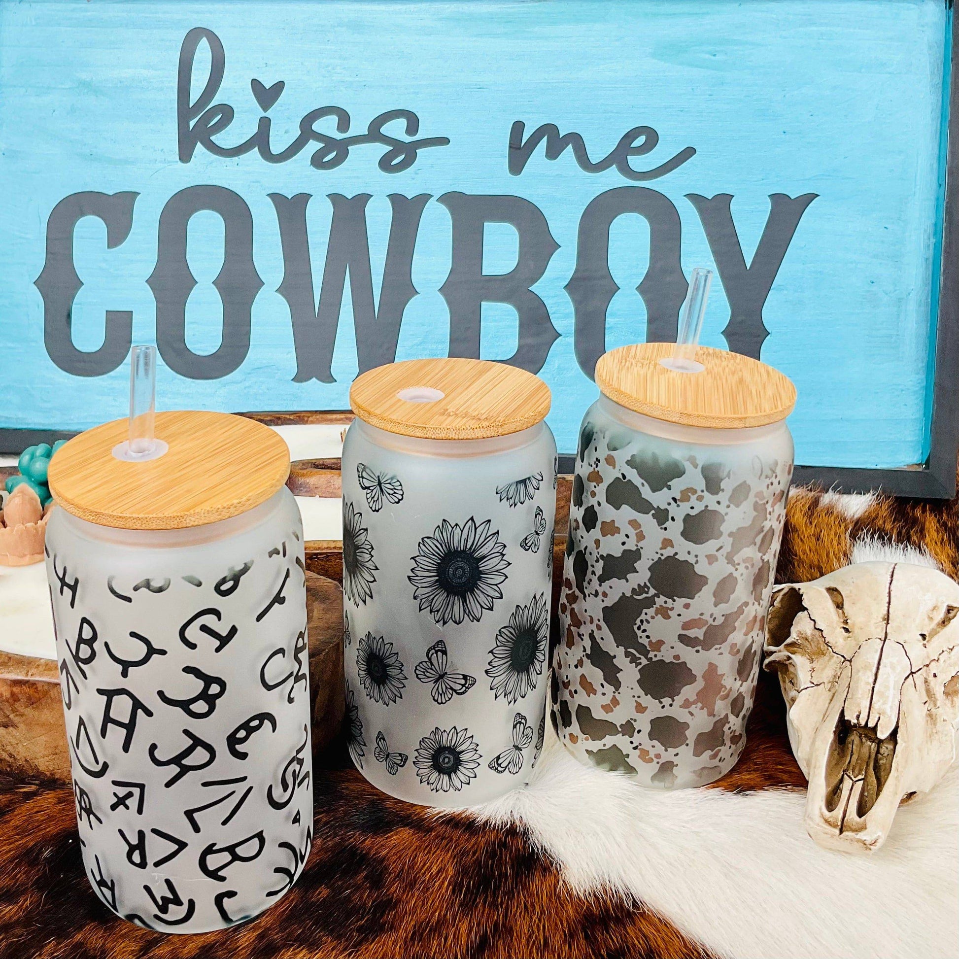 Brown and Black Cowhide  Frosted Glass 16 oz Western Tumbler - Ranchy Roan Boutique 