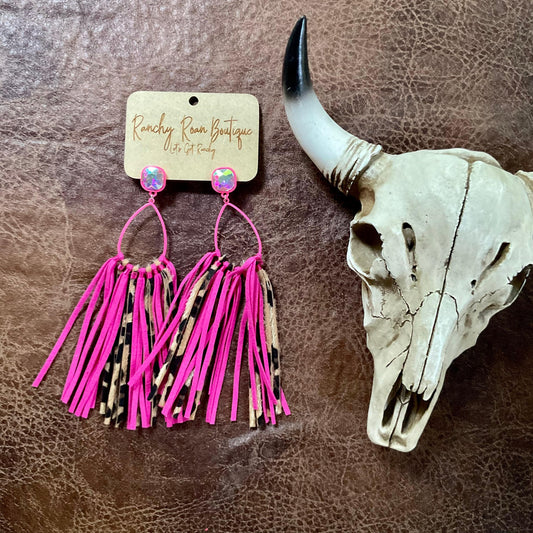 Pink Glass Stone Teardrop Leather Tassel Western Stud Earrings - Ranchy Roan Boutique 