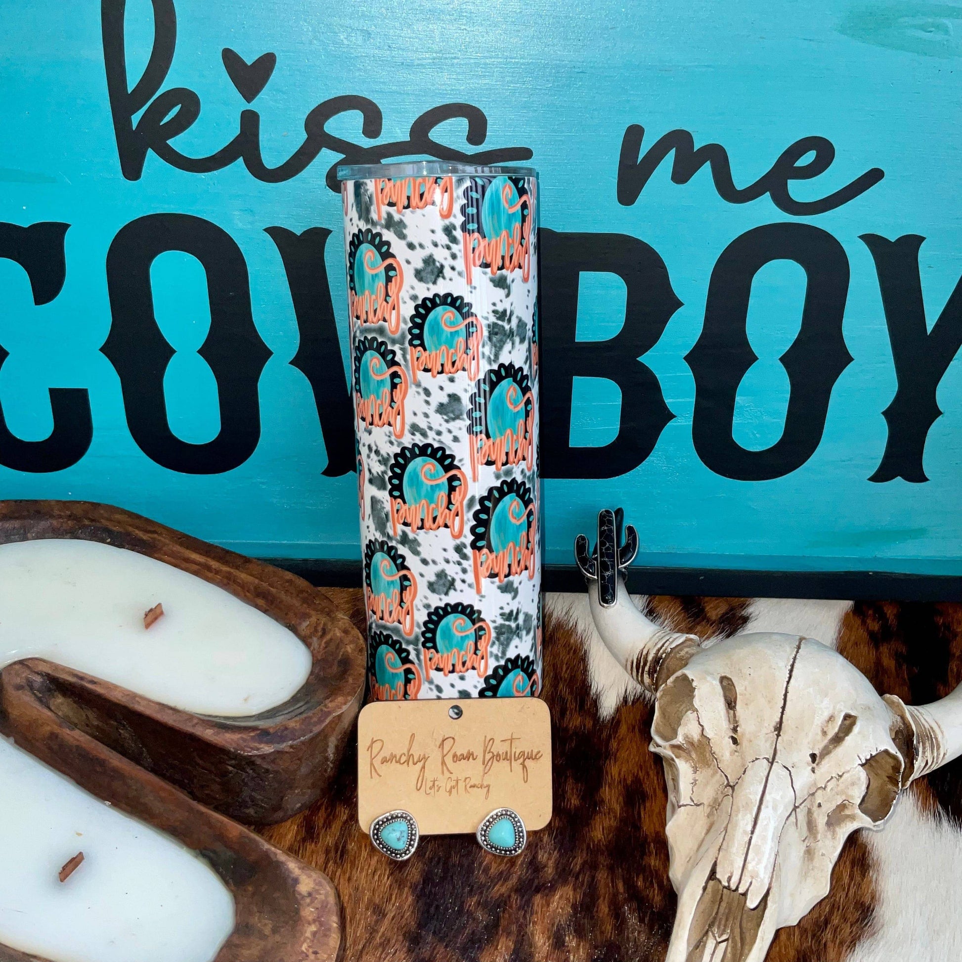 Punchy Turquoise Cowhide Western 20oz Skinny Tumbler - Ranchy Roan Boutique 