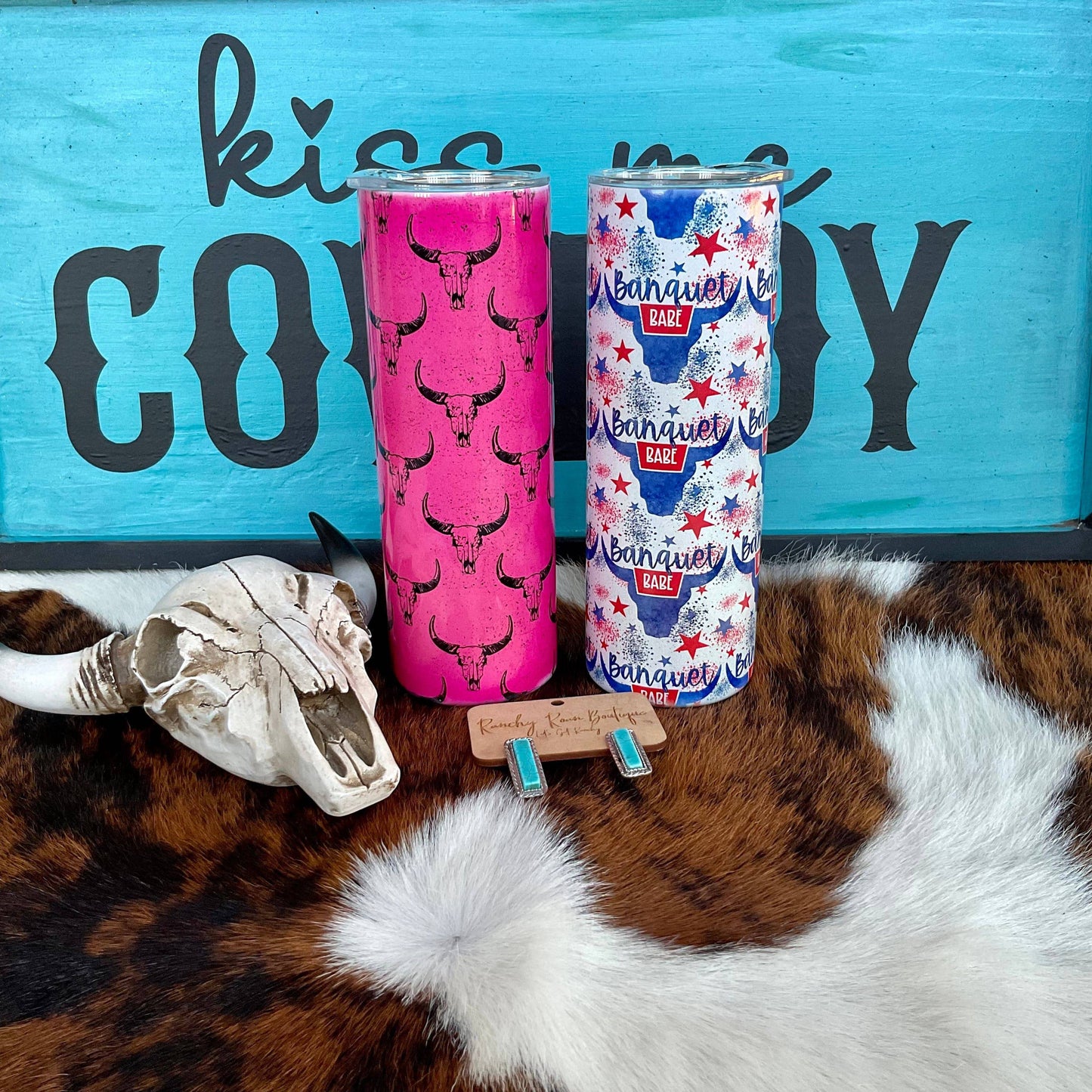 Neon Pink Black Bull Skull 20oz Shimmer Skinny Tumbler - Ranchy Roan Boutique 