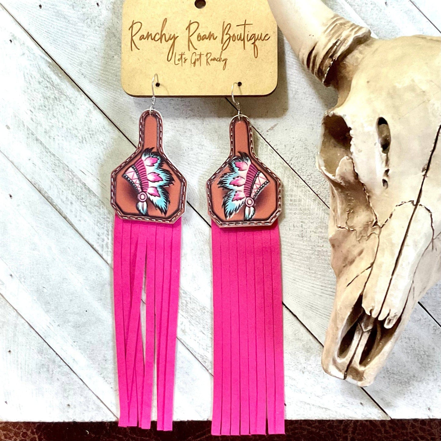 Feathered Indian Leather with Tassel Dangle Earrings - Ranchy Roan Boutique 