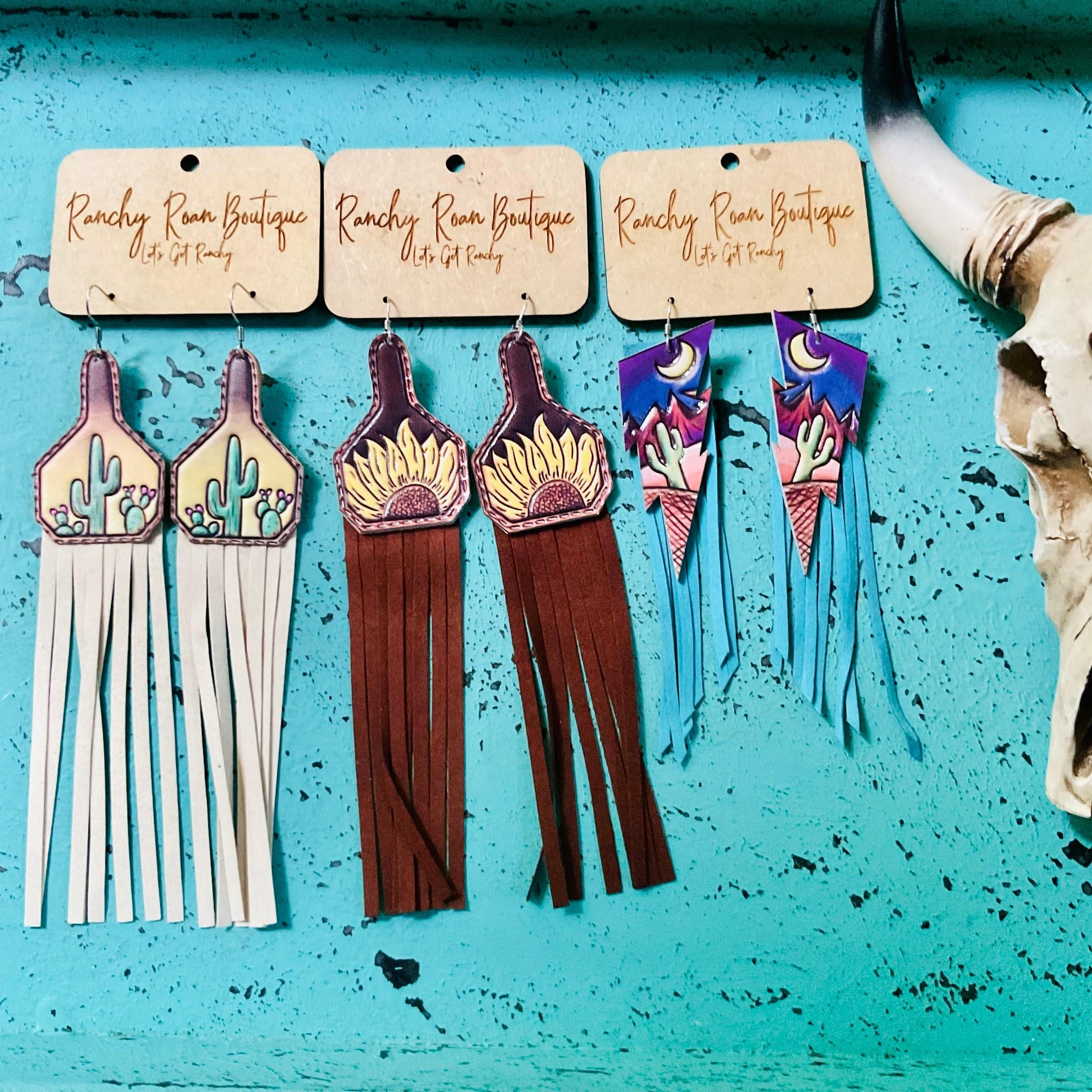 Sunflower Cow Tag Leather with Tassel Dangle Earrings - Ranchy Roan Boutique 