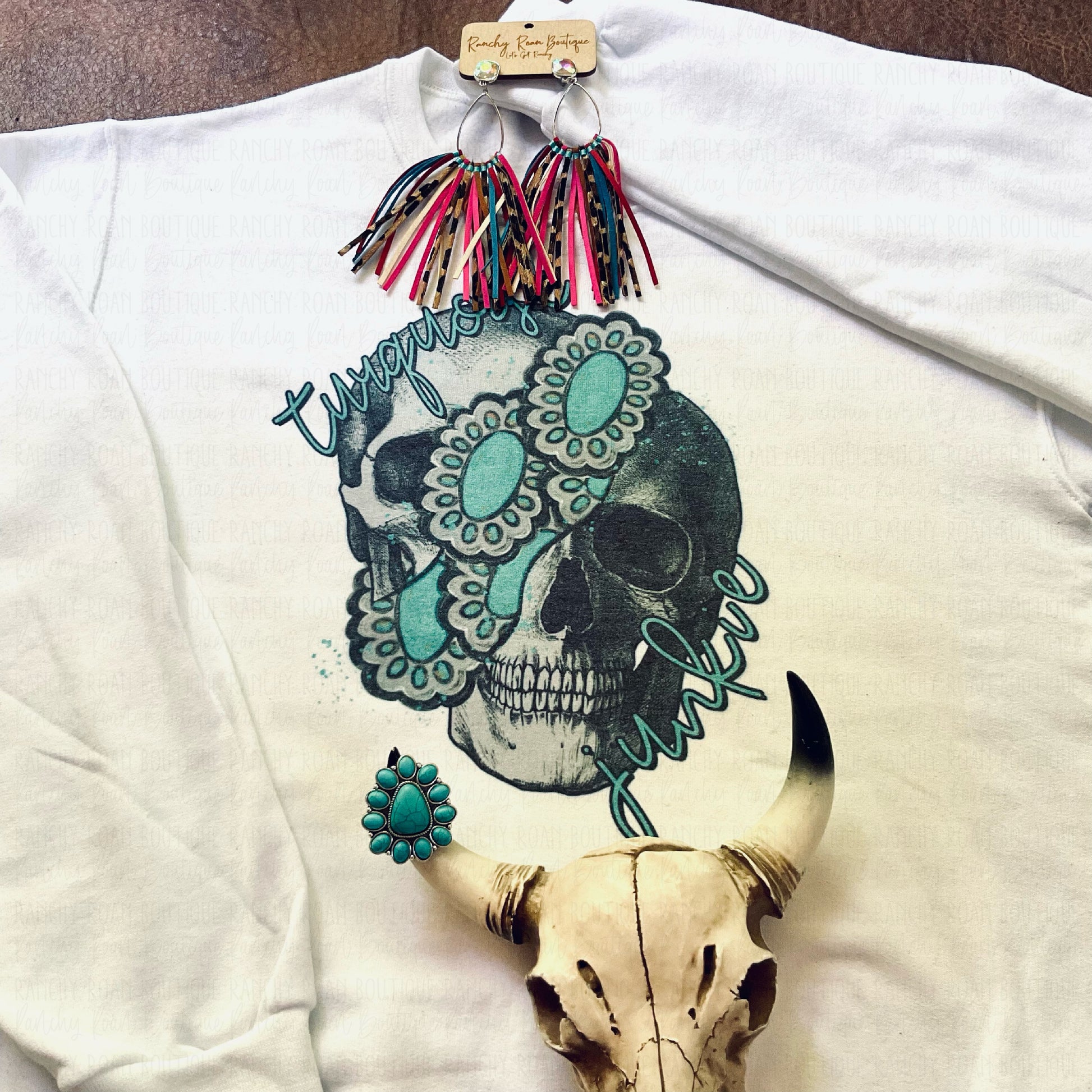 Turquoise Skull Sweatshirt - Ranchy Roan Boutique 