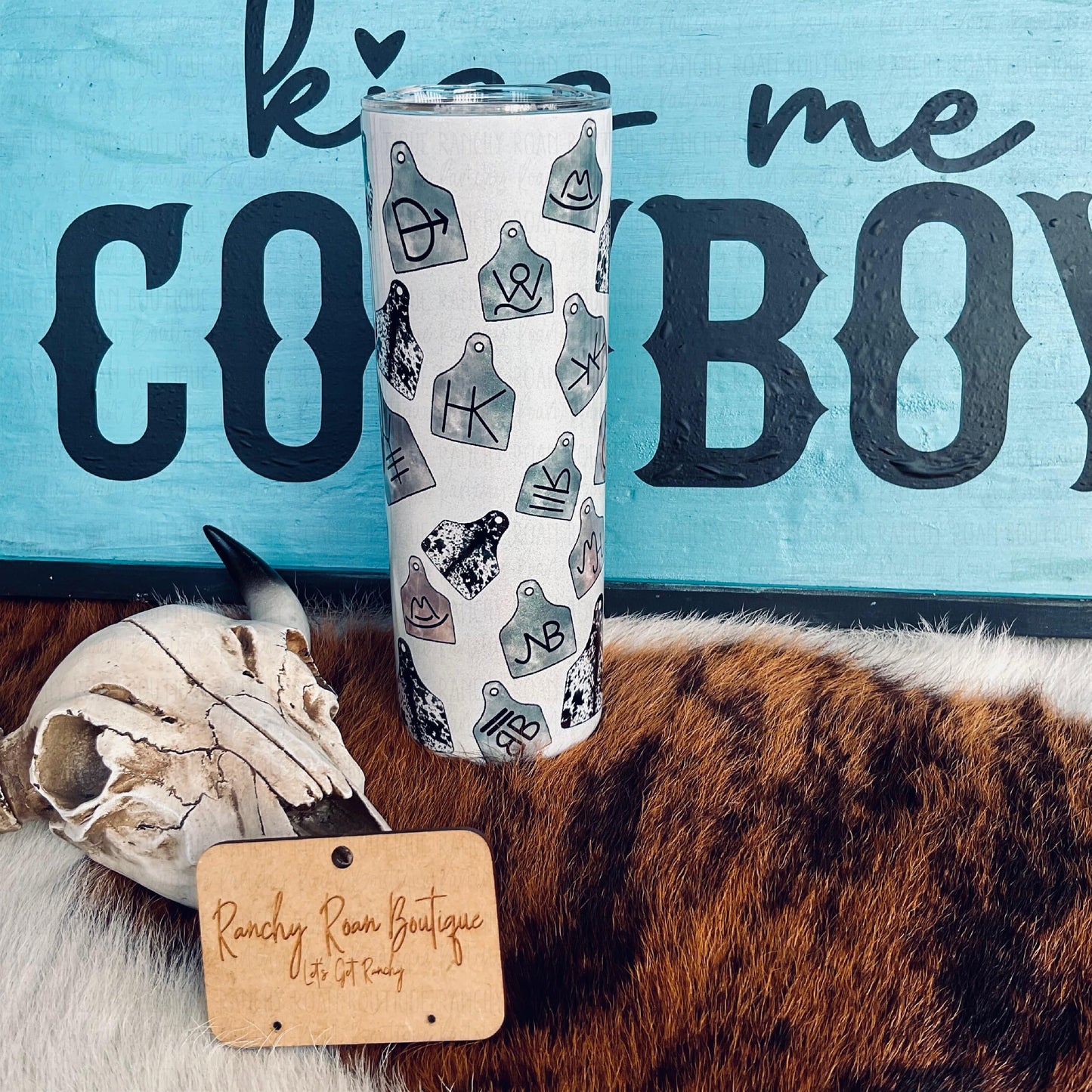 Cowhide Cattle Tag 20oz Skinny Tumbler - Ranchy Roan Boutique 